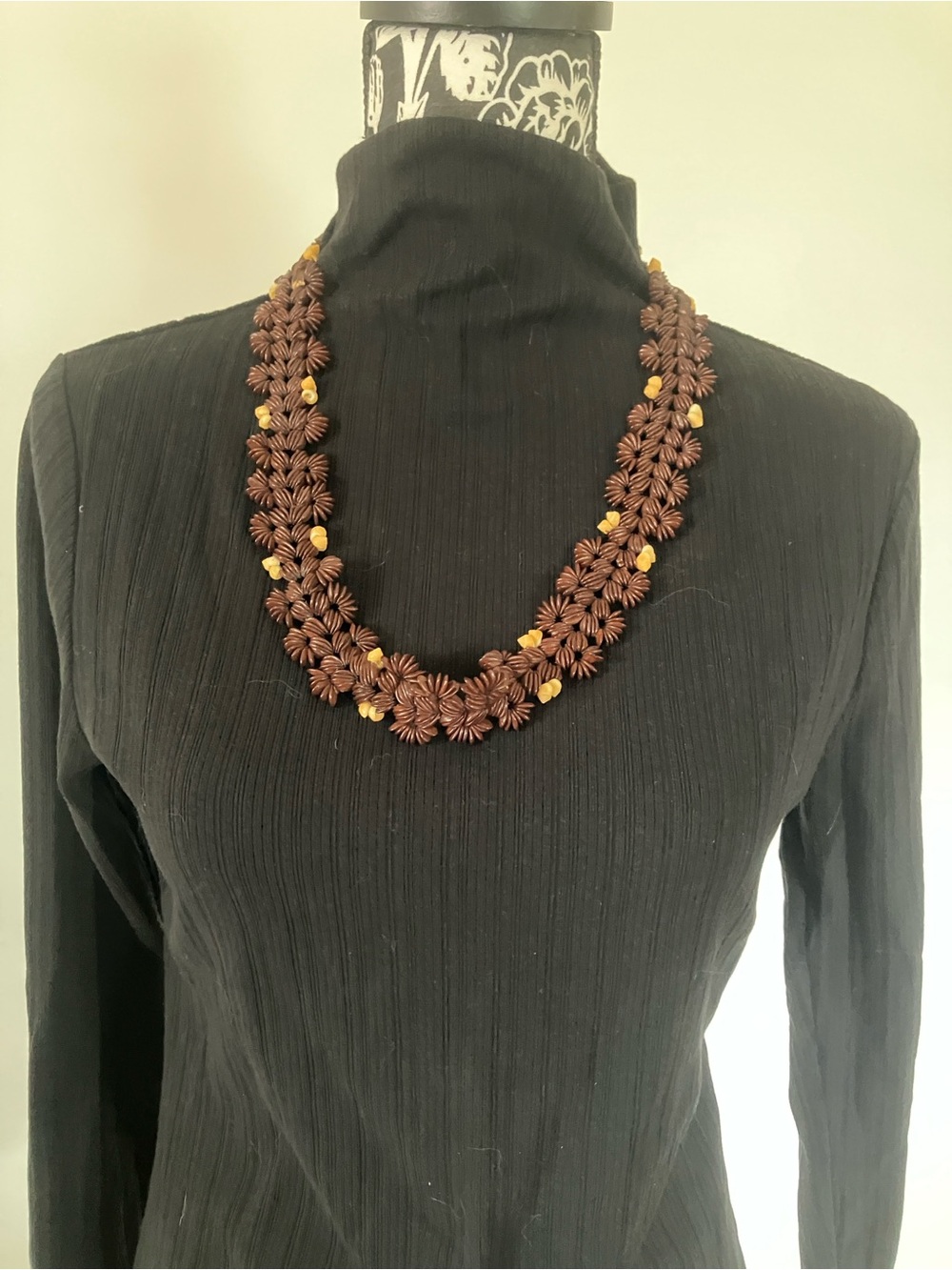Brown Floral Seed Bead Necklace with Beige Accents - Picture 2 of 3